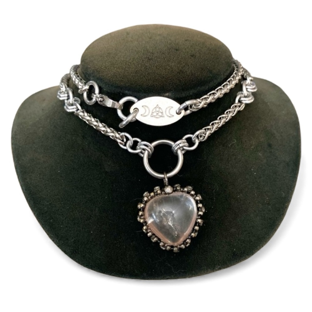 Handmade Genuine crystal quartz heart charm on maille silver boho chain necklace